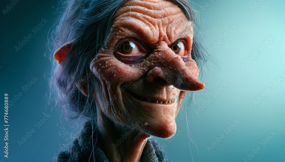 Close-up of an Ugly Witch Character Face with piercing eyes and wrinkled skin. Generative AI. Close-up of an Ugly Witch Character Face with piercing eyes and wrinkled skin. Generative AI.