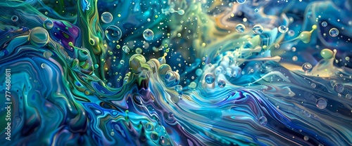 Cerulean and emerald green droplets collide, creating a mesmerizing explosion of color on a liquid canvas."