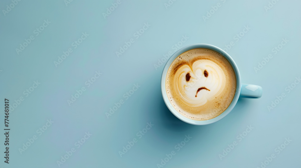 A cup of coffee with the latte art forming a sad face on a light blue background A cup of coffee with the latte art forming a sad face on a light blue background