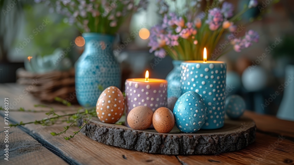   A wooden table is topped with blue and white vases, each holding eggs, and a vase filled with purple flowers nearby