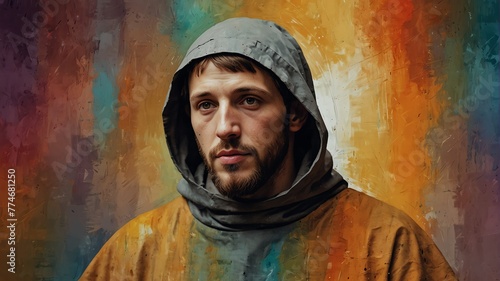 saint francis of assisi abstract portrait oil pallet knife paint painting on canvas large brush strokes art watercolor illustration colorful background from Generative AI