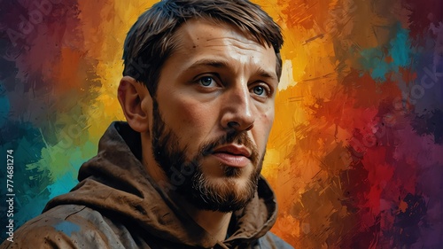 saint francis of assisi abstract portrait oil pallet knife paint painting on canvas large brush strokes art watercolor illustration colorful background from Generative AI photo