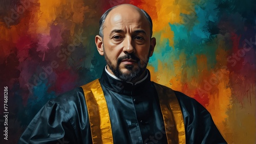 saint ignatius of loyola abstract portrait oil pallet knife paint painting on canvas large brush strokes art watercolor illustration colorful background from Generative AI photo