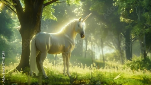 A majestic unicorn stands proudly in a clearing its ivory horn glinting in the sun as it watches over the peaceful scene. . . photo