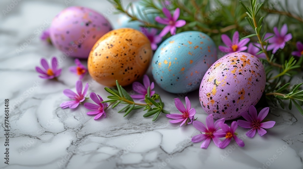 Obraz premium Group of colorful eggs atop marble counter, near purple flowers and verdant leaves