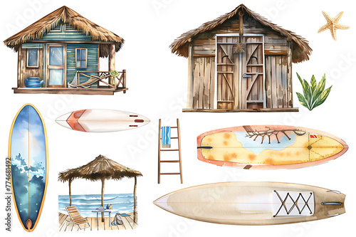 Watercolor painting realistic Full picter A large set of pictures with beach cabins, surfboards, summer vacation and vacation accessories Isolated objects on a white background. photo