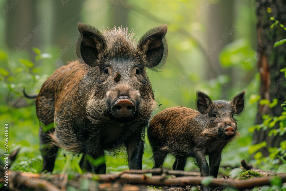 Heartwarming scene unfolds in the forest as a wild boar family, including a precious baby, roams amidst the trees. An intimate glimpse into the natural beauty and familial bonds of the wilderness. Heartwarming scene unfolds in the forest as a wild boar family, including a precious baby, roams amidst the trees. An intimate glimpse into the natural beauty and familial bonds of the wilderness.