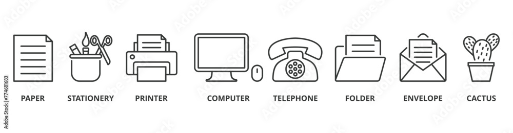 Office supplies banner web icon vector illustration concept with icon of paper, stationary, printer, computer, telephone, folder, envelope, cactus Office supplies banner web icon vector illustration concept with icon of paper, stationary, printer, computer, telephone, folder, envelope, cactus