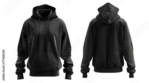 Set of Black front and back view tee hoodie hoody sweatshirt on white and transparent background cutout, PNG file. Mockup template for artwork graphic design