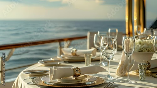 A table set for fine dining on the upper deck of the yacht. Guests can enjoy a delicious meal with panoramic views of the surrounding ocean and sky. The gold and white color photo