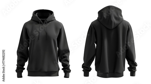 Set of Black front and back view tee hoodie hoody sweatshirt on white and transparent background cutout, PNG file. Mockup template for artwork graphic design