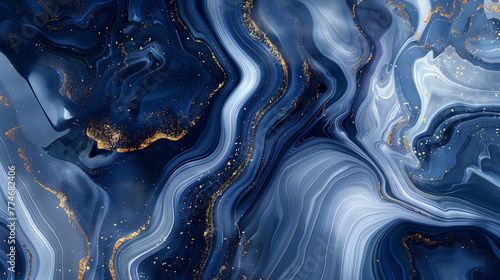 A digital art piece featuring an abstract background with swirling patterns of deep blue and white