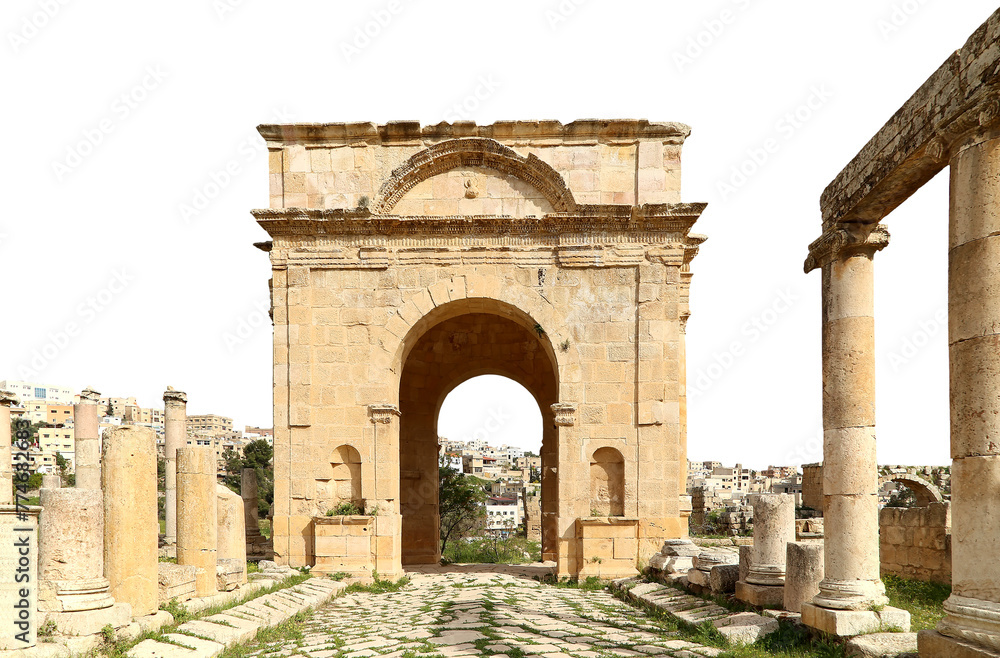 Roman ruins (carved on white background) in the Jordanian city of Jerash (Gerasa of Antiquity), capital and largest city of Jerash Governorate, Jordan