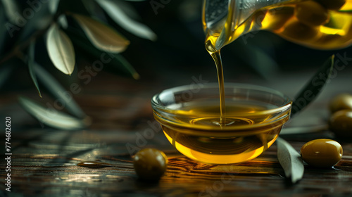 Golden olive oil flows into a glass bowl with olives and a branch in the background. photo