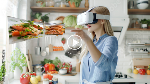 A young blonde woman in a blue shirt and white virtual reality glasses flips through videos and photos of recipes with a hand gesture while standing in her home kitchen.