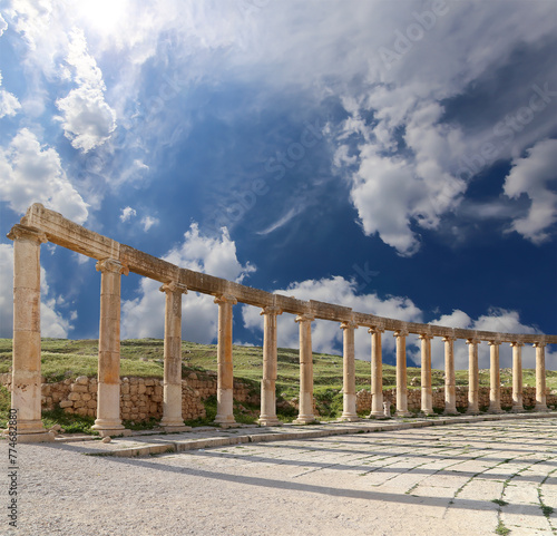 Forum (Oval Plaza) in Gerasa (Jerash), Jordan. Was built in the first century AD. Against the background of a beautiful sky with clouds.