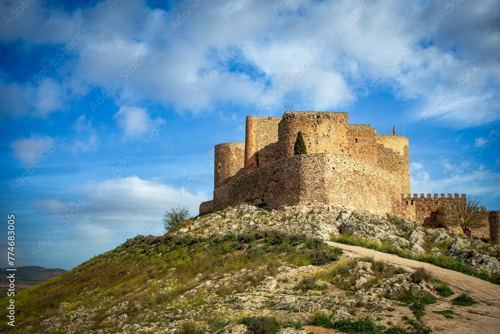 View of the medieval castle of Consuegra, Toledo, Castilla la Macha, Spain, on top of a hill