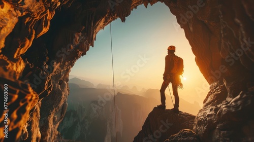 Silhouette of a mountain climber in front of a cave entrance in the mountains at sunset