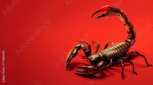 Scorpion on a red background. Dangerous insect. Sting with poison.