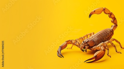 Scorpion on yellow background. Dangerous insect. Sting with poison.