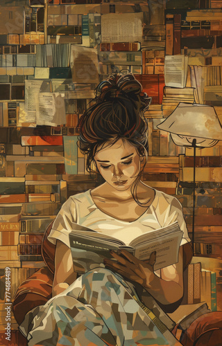 Serene Woman Reading in a Cozy Home Library Full of Books Illustration