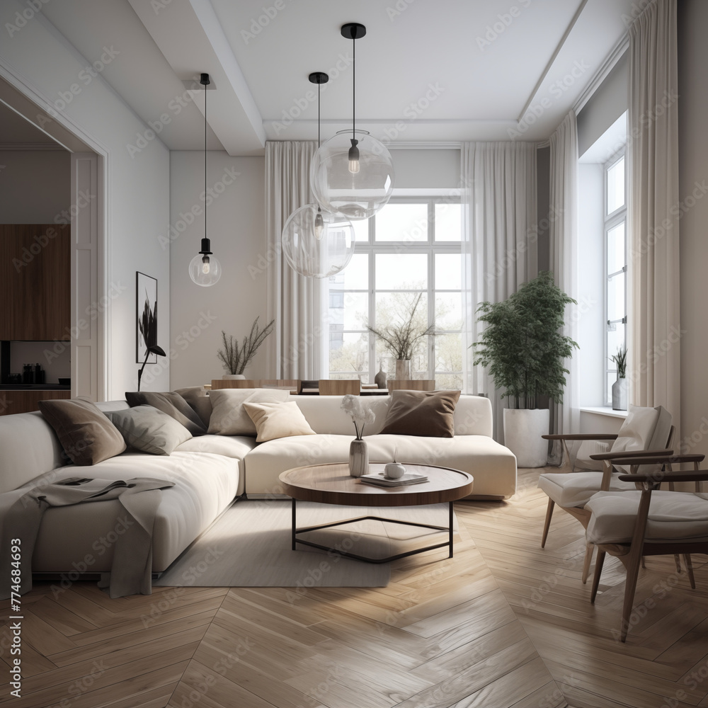 Fototapeta premium Minimalist, scandinavian home interior design of modern living room with natural lighting floor to ceiling windows, modern light fixtures, white couch and chairs, greenery in the corner and outside