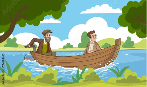 vector illustration of two men boating on the sea.men on the boat and seascape