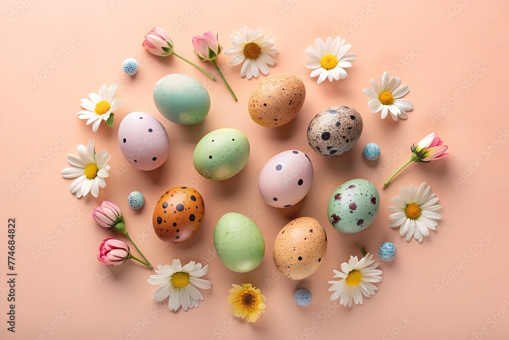 Easter eggs on a minimalistic background with flowers