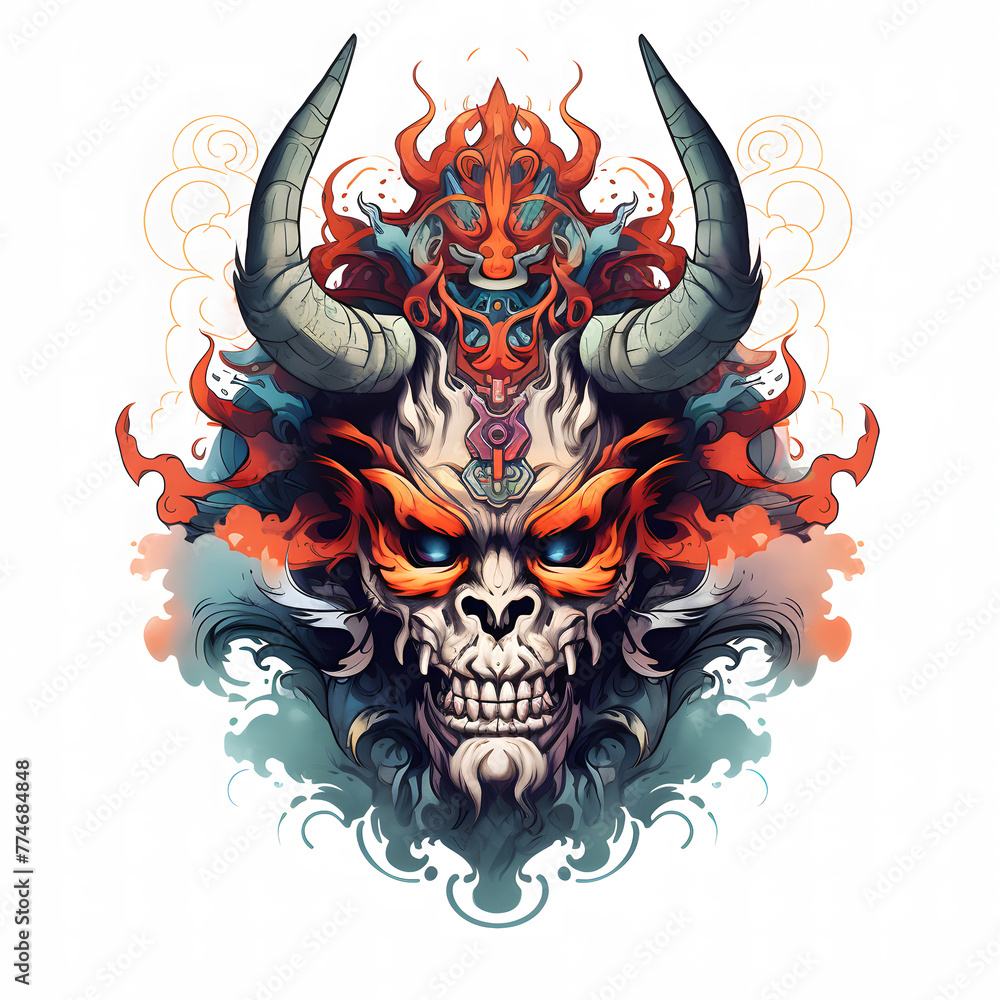 samurai ghost head image colorful art, in the style of masterful shading, classic tattoo motifs, white background samurai ghost head image colorful art, in the style of masterful shading, classic tattoo motifs, white background