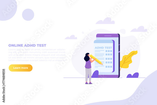 Online adhd, attention deficit hyperactivity disorder test. Vector illustrations for banner, website, landing page, flyer.