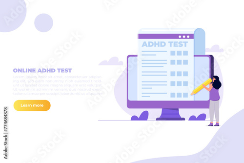 Online adhd, attention deficit hyperactivity disorder test. Vector illustrations for banner, website, landing page, flyer.