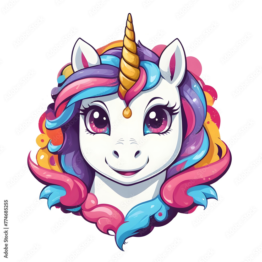 A unicorn with rainbow hair and a happy expression on his face. Illustrations with a contemporary touch for tattoos, stickers, emblems and t-shirt screen printing.