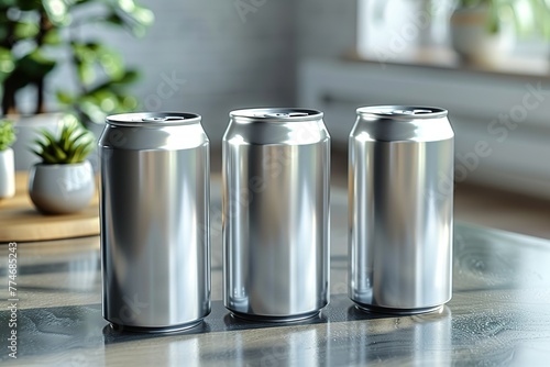 250ml / 8.4 oz. Aluminium Can Mockup - Three Cans. Blank Label. 3D Illustration photo