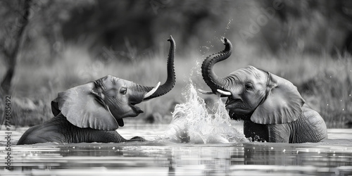 Filhotes de elefante brincando na água photo