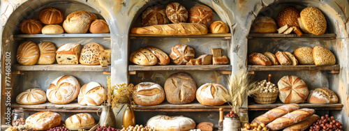 Artisanal Bread Variety on Rustic Shelves