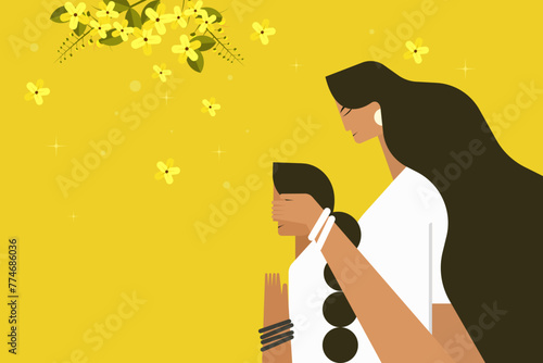 Illustration of a mother blindfolds her daughter in the background of golden shower flowers.Concept for 'Vishu' festival in Kerala