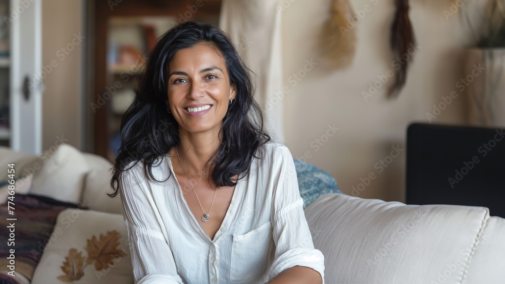 likeable and attractive young woman sits on the sofa in the living room and smiles into the camera - topic health and everyday life likeable and attractive young woman sits on the sofa in the living room and smiles into the camera - topic health and everyday life