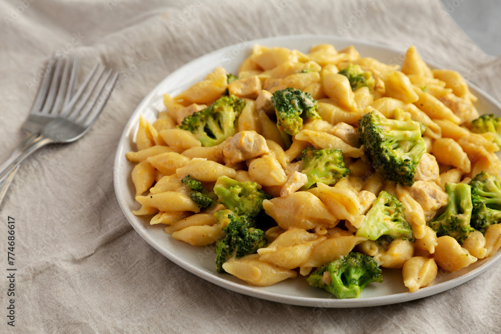 Homemade Cheesy Chicken And Broccoli Pasta on a Plate, side view.
