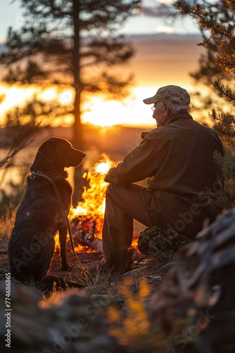 Against a setting sun, a senior and a dog sit by a campfire, travel tales in their eyes