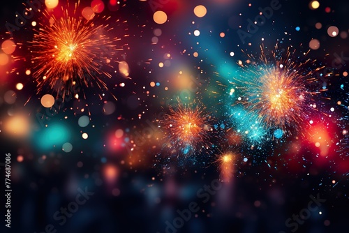 minimalistic design Colorful fireworks, bright lights in the night sky.