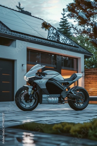 Solar panels catch the sun, channeling energy to a sleek EV motorcycle at its home charger