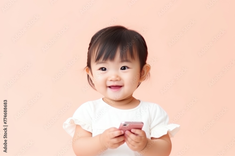 Adorable toddler happily interacting with a smartphone on a soft pink background. Toddler with Smartphone Pink Background Adorable toddler happily interacting with a smartphone on a soft pink background. Toddler with Smartphone Pink Background