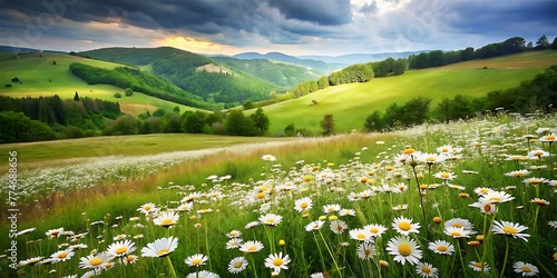 Spring Chamomile Flowers On A Forest With Beautiful Sunset View   Spring Chamomile Landscape  Spring Chamomile Background