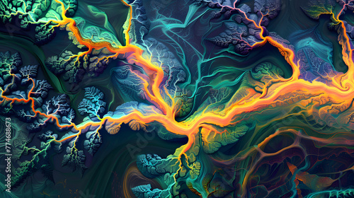 A highly detailed fractal render of a vividly colorful river delta branching outwards in an intricate