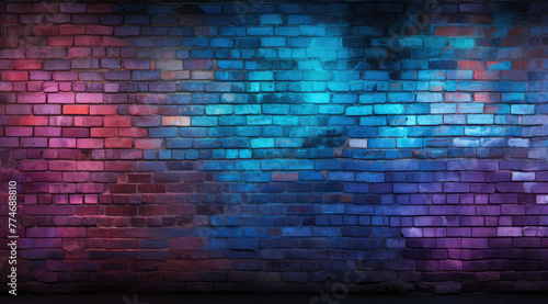 Red  purple and blue neon brick wall background design mockup with lighting effect. For square frame border  billboard  menu  text signs  template and layout on the wall background.