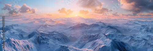 Beautiful white mountain landscape panorama with pink water and pastel clouds.