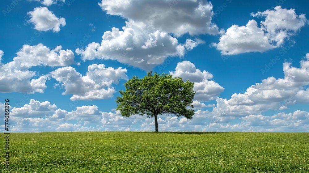 A lonely leafless tree with a blue sky on the background. Beautiful simple AI generated image in 4K, unique.