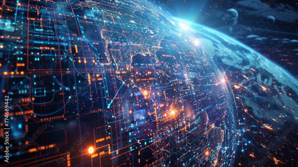 Fototapeta premium Digital Circuitry Encompassing the Globe at Night