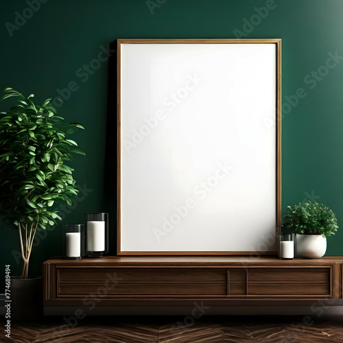 white poster with wood frame close up isolated on wall painted dark green color 