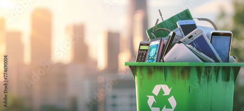 Ecofriendly recycling concept with a green bin full of old electronic devices and telephones against a blurred city background